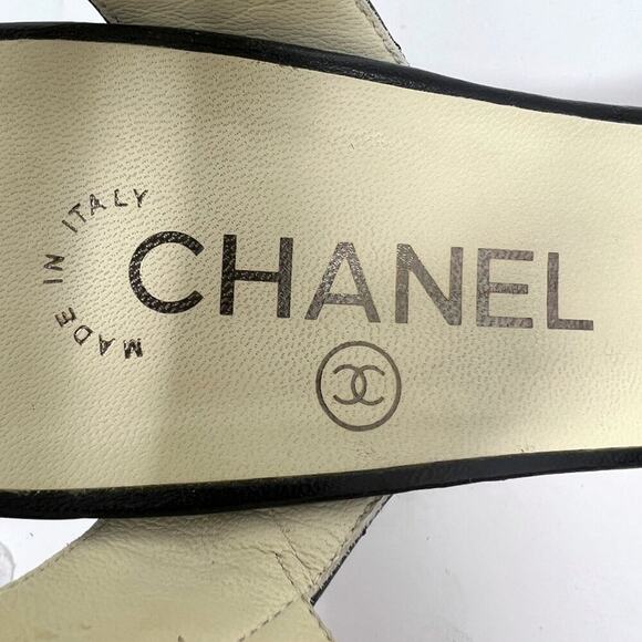 Chanel Black White Quilted Matelasse Leather Peep Toe Block Logo Heel Sandals - Picture 6 of 10